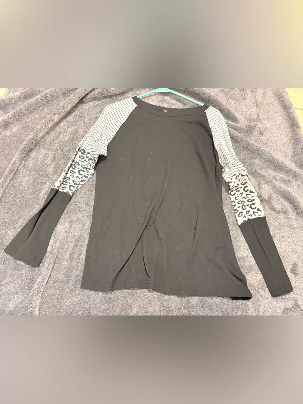 Black Long Sleeve Raglan Top with Striped and Leopard Sleeve Panels